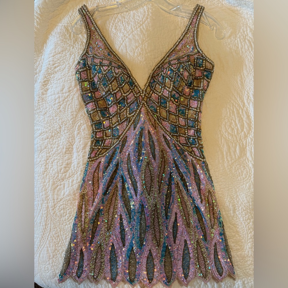 Jovani Sequin Mini Dress With Beaded Fringe Hem Style 46092 Size 00